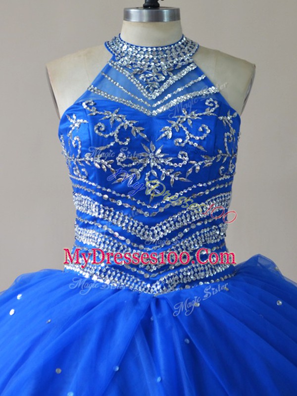 Floor Length Lace Up 15th Birthday Dress Royal Blue for Sweet 16 and Quinceanera with Beading