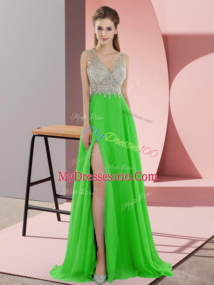 Zipper Dress for Prom Green for Prom and Party with Beading Sweep Train