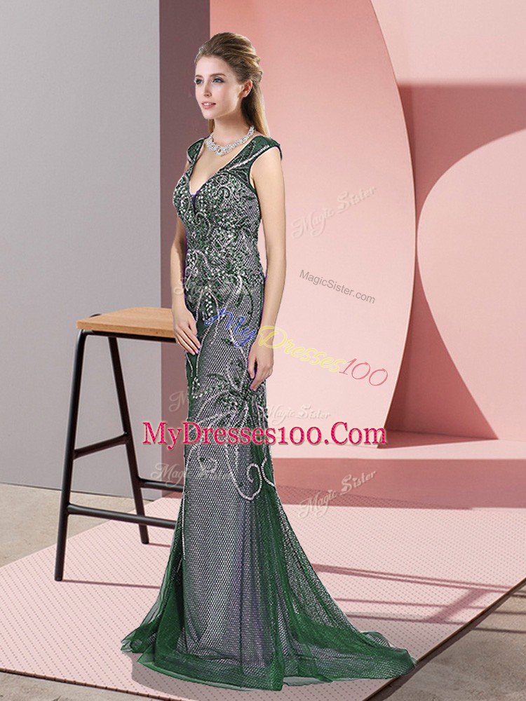 Charming Dark Green Tulle Zipper Prom Dress Sleeveless Sweep Train Beading