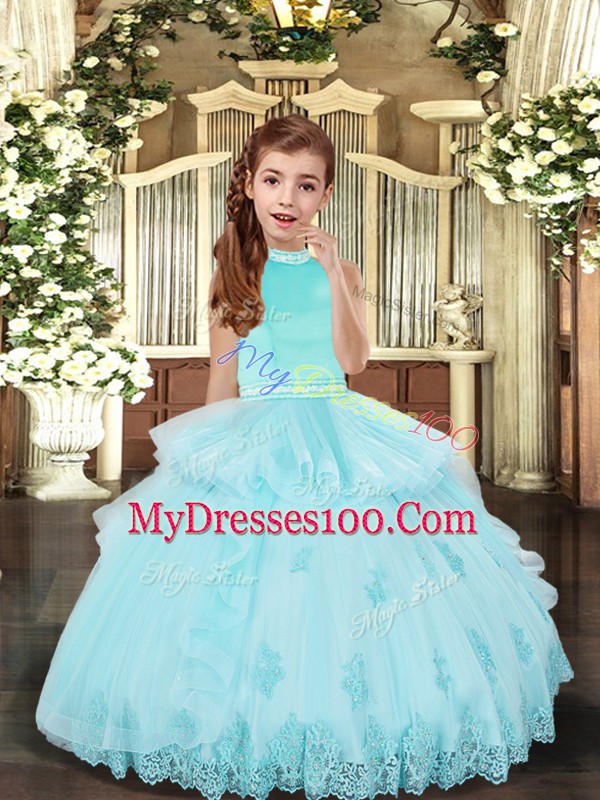 Custom Fit Aqua Blue Backless Pageant Gowns Beading and Appliques Sleeveless Floor Length