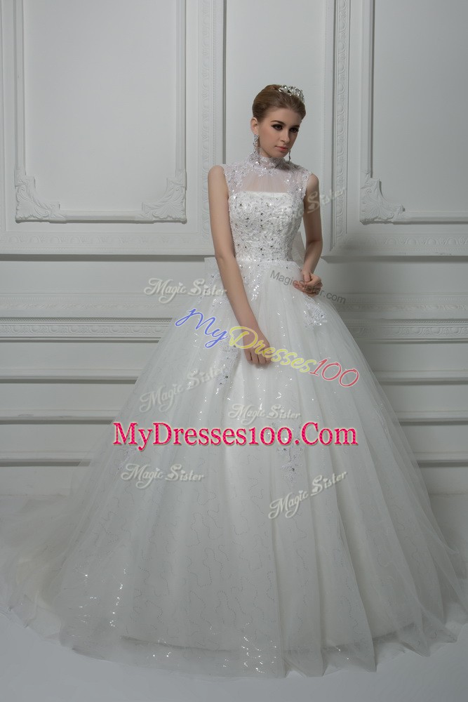 Sumptuous White Ball Gowns Tulle High-neck Sleeveless Beading and Lace and Bowknot Lace Up Wedding Gown Brush Train