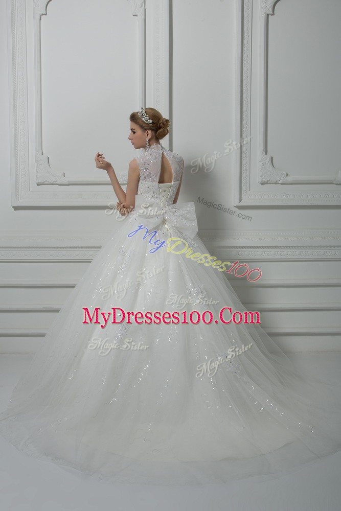 Sumptuous White Ball Gowns Tulle High-neck Sleeveless Beading and Lace and Bowknot Lace Up Wedding Gown Brush Train