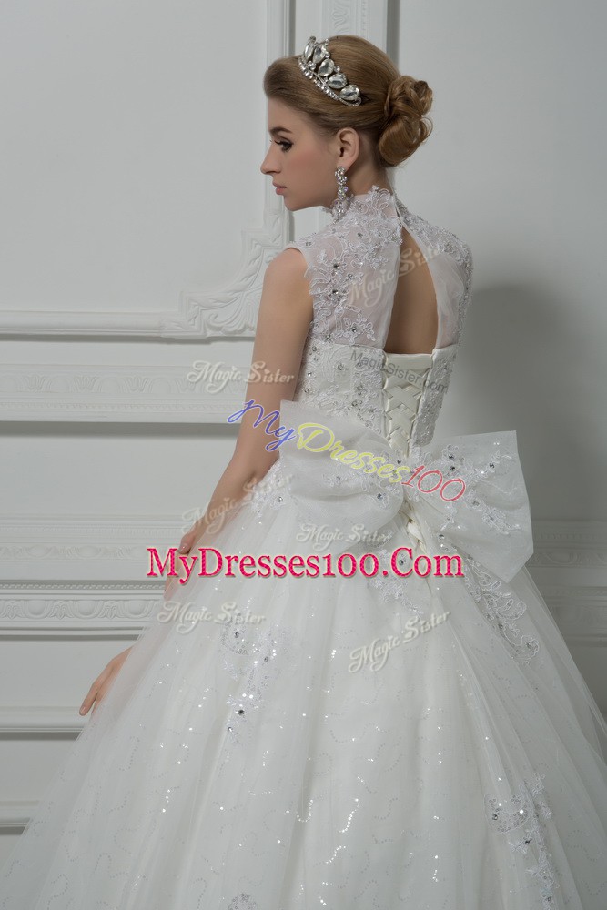 Sumptuous White Ball Gowns Tulle High-neck Sleeveless Beading and Lace and Bowknot Lace Up Wedding Gown Brush Train