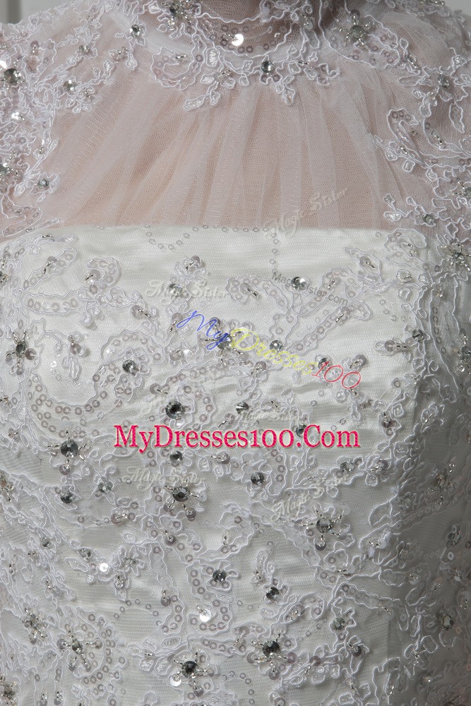Sumptuous White Ball Gowns Tulle High-neck Sleeveless Beading and Lace and Bowknot Lace Up Wedding Gown Brush Train