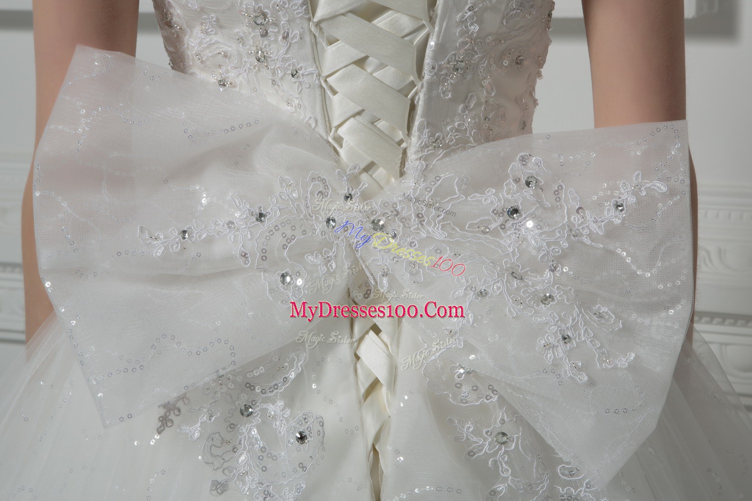 Sumptuous White Ball Gowns Tulle High-neck Sleeveless Beading and Lace and Bowknot Lace Up Wedding Gown Brush Train