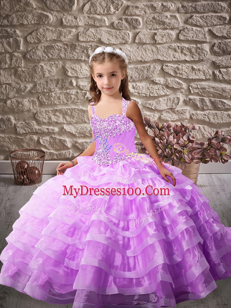 Lavender Sleeveless Brush Train Beading and Ruffled Layers High School Pageant Dress