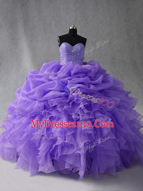 Unique Sleeveless Organza Floor Length Lace Up Ball Gown Prom Dress in Lavender with Beading and Ruffles