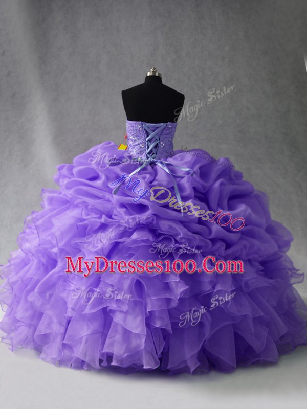 Unique Sleeveless Organza Floor Length Lace Up Ball Gown Prom Dress in Lavender with Beading and Ruffles