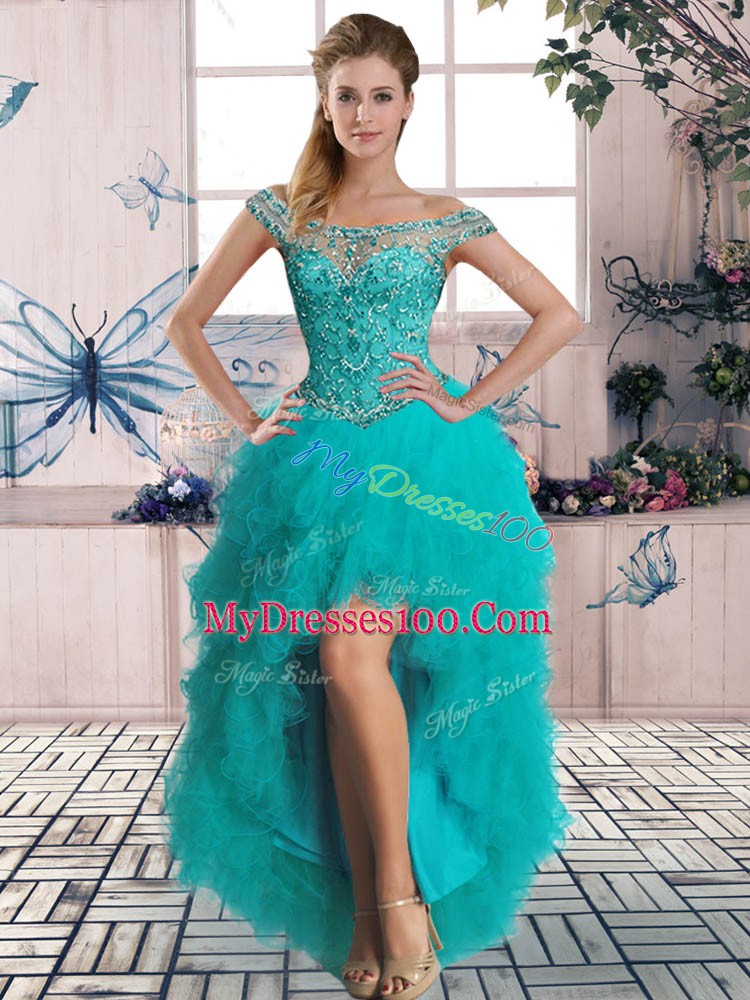 Turquoise Sleeveless High Low Beading and Ruffles Lace Up Prom Party Dress