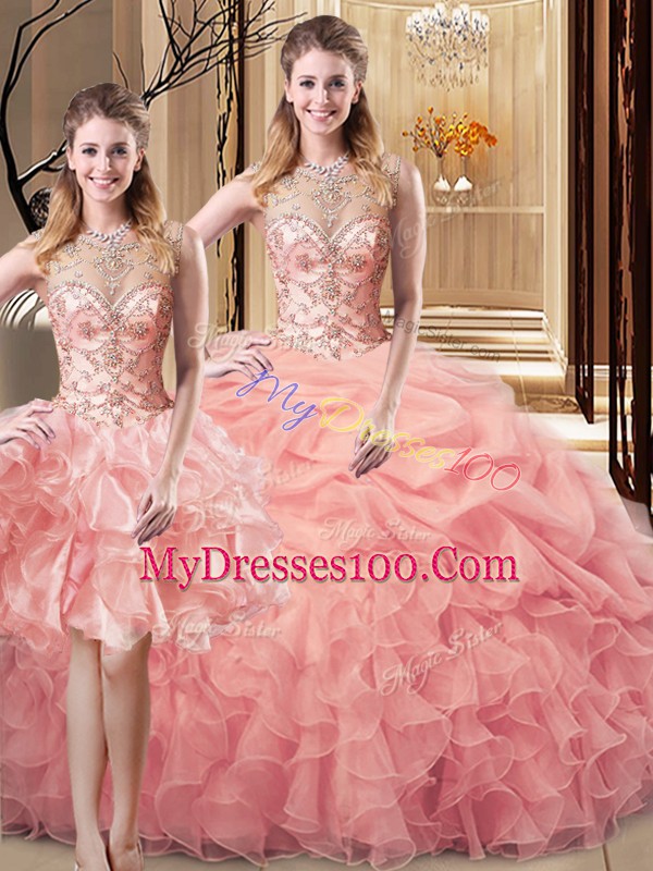 Peach Lace Up Quinceanera Gowns Beading and Ruffles Sleeveless Floor Length