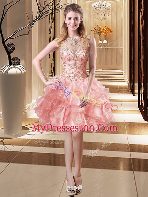 Peach Lace Up Quinceanera Gowns Beading and Ruffles Sleeveless Floor Length