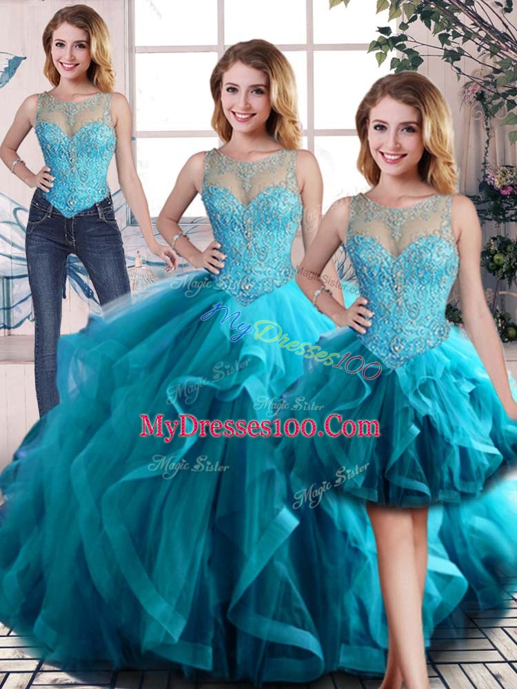 Floor Length Three Pieces Sleeveless Aqua Blue Sweet 16 Dresses Lace Up