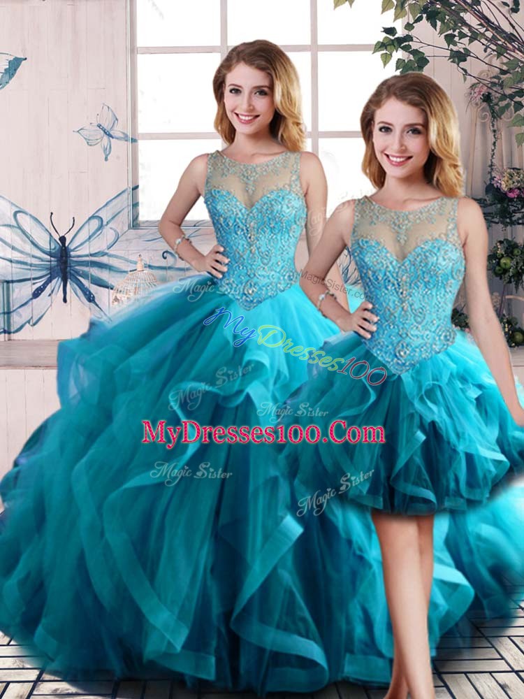 Floor Length Three Pieces Sleeveless Aqua Blue Sweet 16 Dresses Lace Up