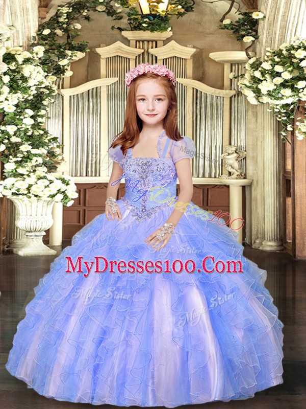 Sleeveless Floor Length Beading and Ruffles Lace Up Little Girl Pageant Dress with Blue And White