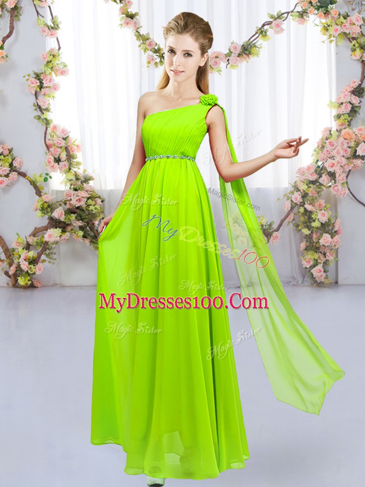 Comfortable Floor Length Yellow Green Quinceanera Dama Dress Chiffon Sleeveless Beading and Hand Made Flower