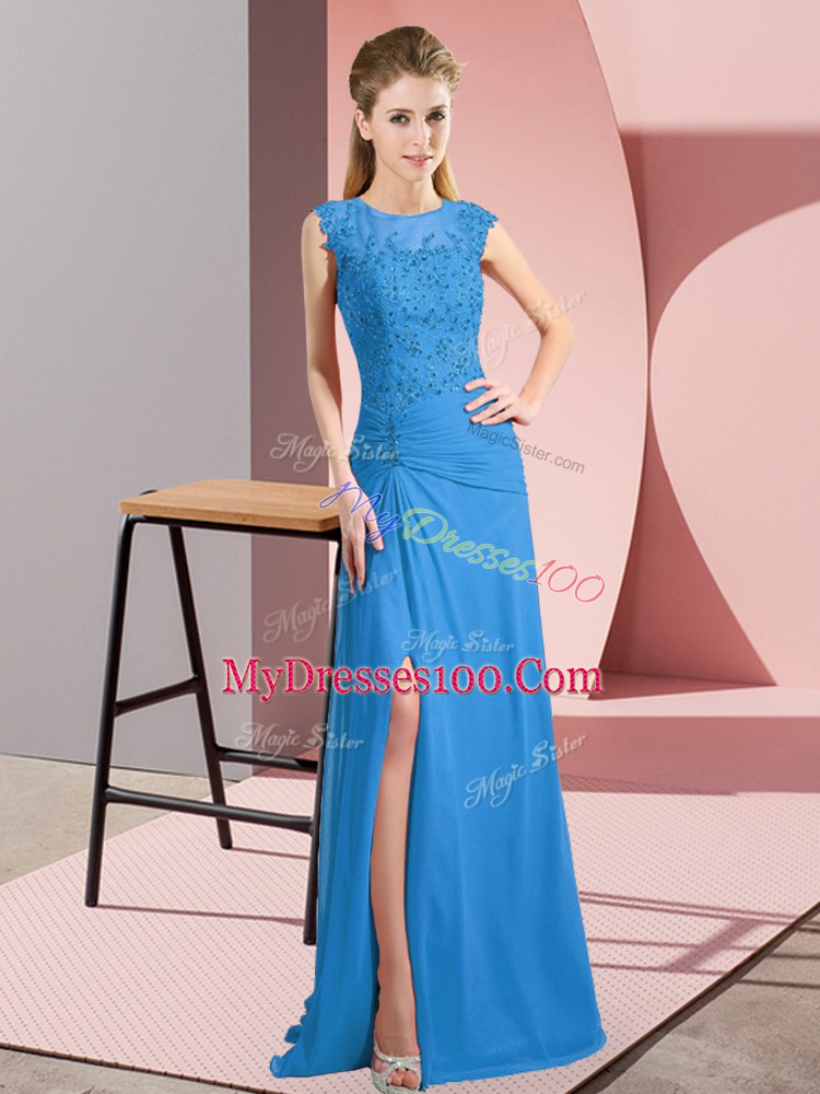 Blue Sleeveless Floor Length Lace and Appliques Zipper Evening Dress