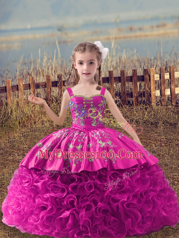 Fuchsia Lace Up Evening Gowns Embroidery Sleeveless Sweep Train