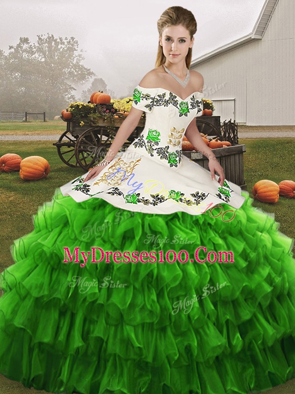 Comfortable Sleeveless Floor Length Embroidery and Ruffled Layers Lace Up Sweet 16 Dresses with Green