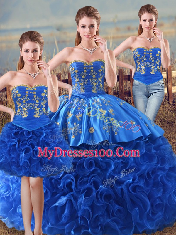 Luxury Royal Blue Sleeveless Embroidery and Ruffles Floor Length 15 Quinceanera Dress