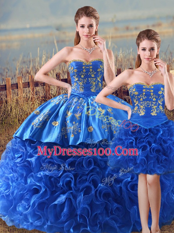 Luxury Royal Blue Sleeveless Embroidery and Ruffles Floor Length 15 Quinceanera Dress