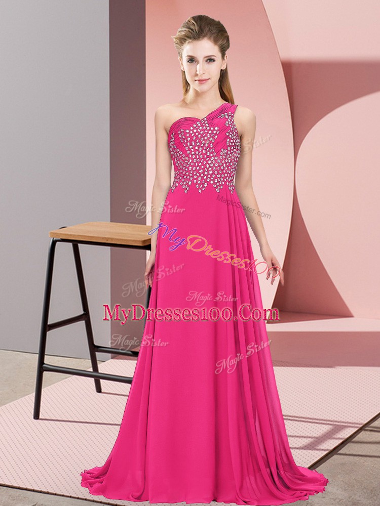 Custom Designed Hot Pink Empire Beading Prom Party Dress Side Zipper Chiffon Sleeveless Floor Length