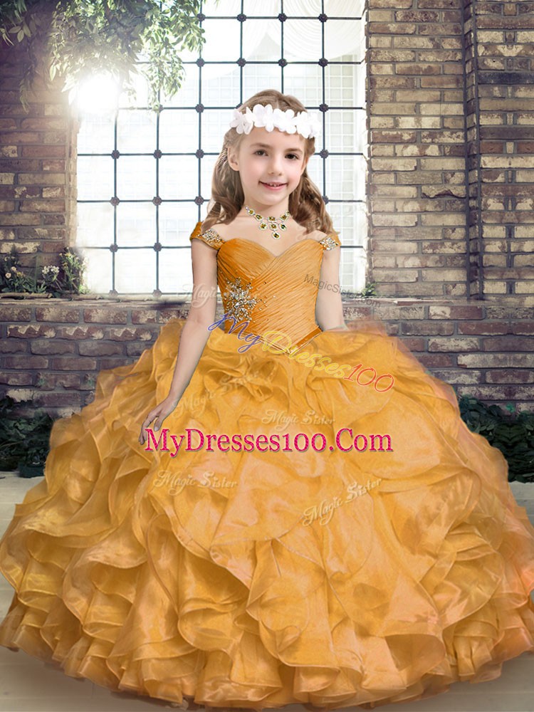 Sweet Gold Organza Lace Up Straps Sleeveless Floor Length Kids Formal Wear Beading and Ruffles