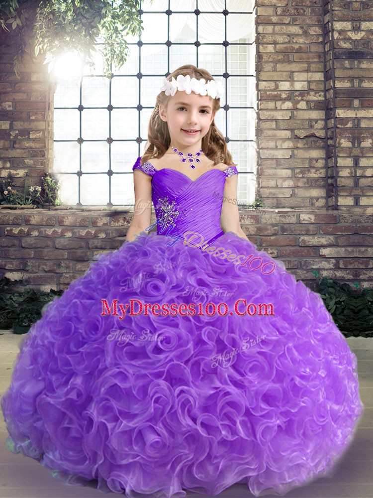 Charming Purple Straps Beading and Ruching Pageant Gowns For Girls Sleeveless