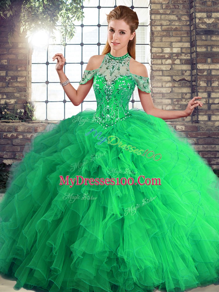 Tulle Halter Top Sleeveless Lace Up Beading and Ruffles Ball Gown Prom Dress in Green