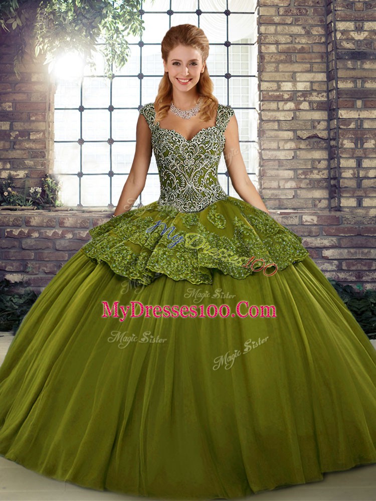 Olive Green Lace Up Quince Ball Gowns Beading and Appliques Sleeveless Floor Length