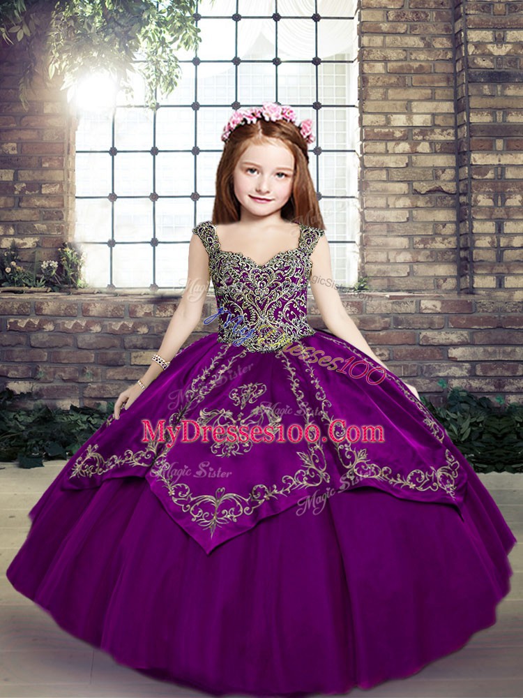 Perfect Tulle Straps Sleeveless Lace Up Embroidery Kids Formal Wear in Eggplant Purple and Purple