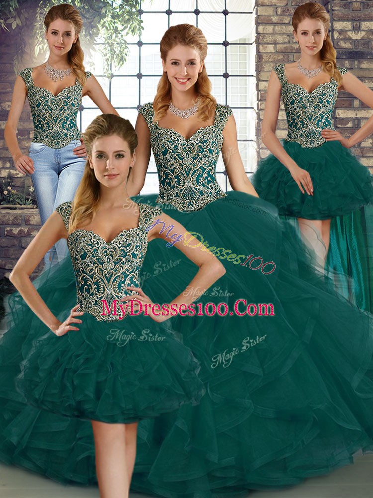 Gorgeous Straps Sleeveless Lace Up Quinceanera Dresses Peacock Green Tulle
