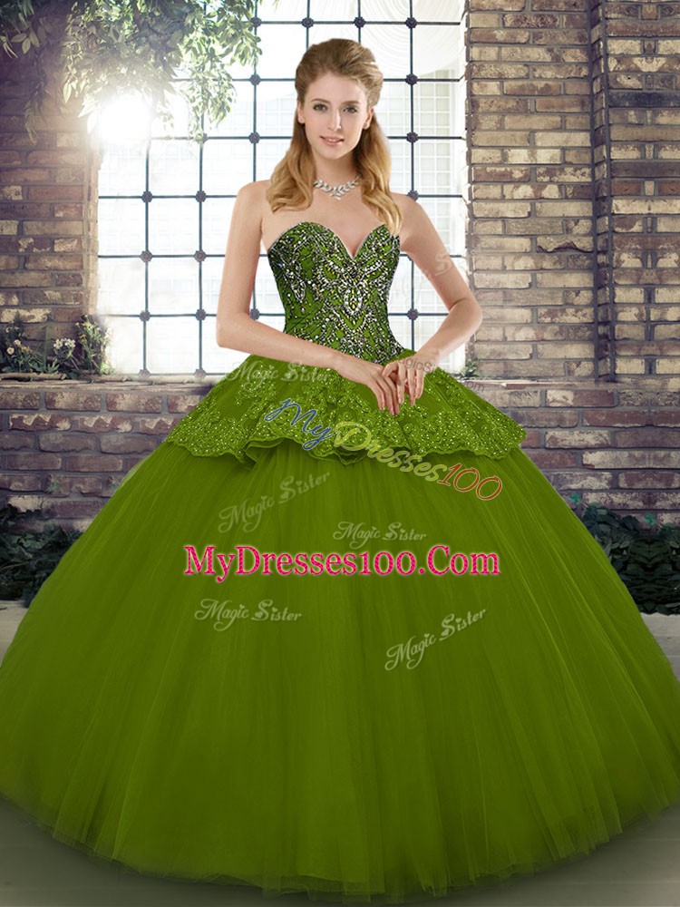 Sweet Olive Green Sleeveless Tulle Lace Up Quinceanera Gowns for Military Ball and Sweet 16 and Quinceanera