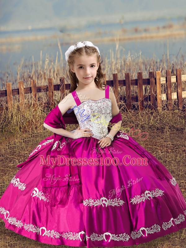 Discount Satin Straps Sleeveless Lace Up Beading and Embroidery Pageant Dress Wholesale in Hot Pink