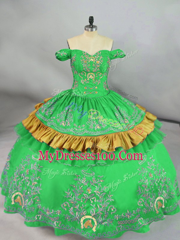 Green Sleeveless Satin Lace Up Quinceanera Gowns for Sweet 16 and Quinceanera