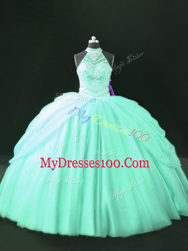 Apple Green Ball Gowns Beading Vestidos de Quinceanera Lace Up Tulle Sleeveless Floor Length