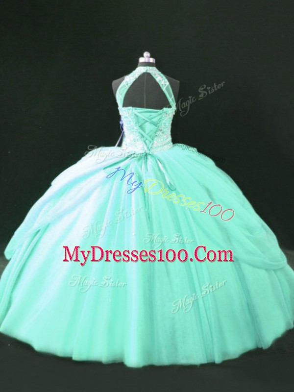 Apple Green Ball Gowns Beading Vestidos de Quinceanera Lace Up Tulle Sleeveless Floor Length