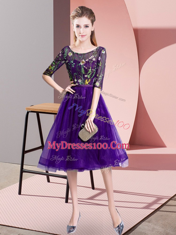 Purple Lace Up Scoop Embroidery Wedding Party Dress Tulle Half Sleeves
