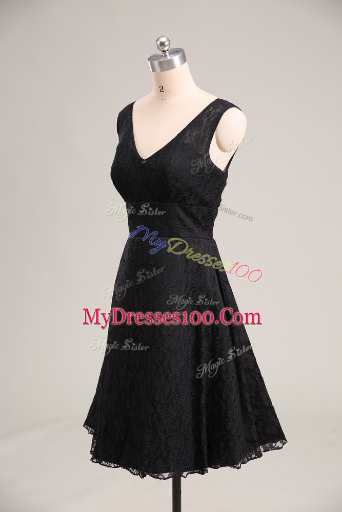 On Sale V-neck Sleeveless Zipper Cocktail Dresses Black Lace