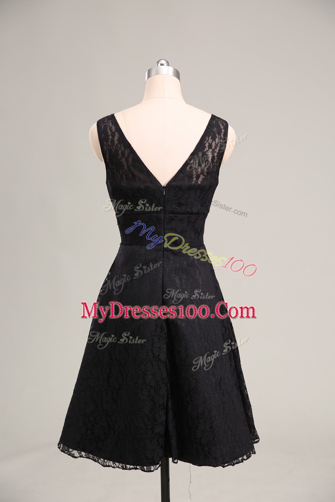 On Sale V-neck Sleeveless Zipper Cocktail Dresses Black Lace