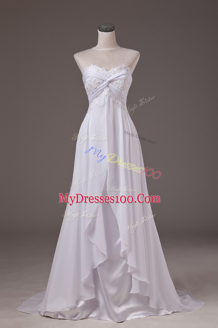 Fine White Sweetheart Lace Up Lace Wedding Dress Sweep Train Sleeveless