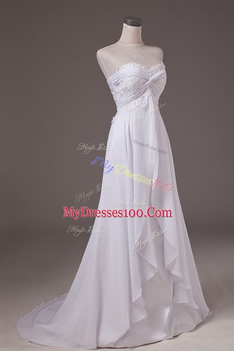 Fine White Sweetheart Lace Up Lace Wedding Dress Sweep Train Sleeveless