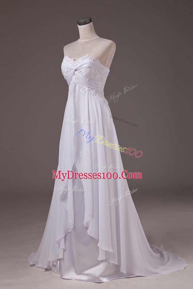Fine White Sweetheart Lace Up Lace Wedding Dress Sweep Train Sleeveless