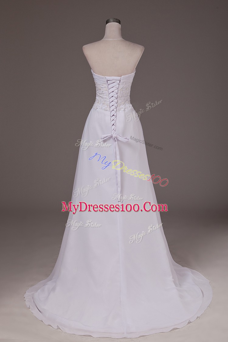 Fine White Sweetheart Lace Up Lace Wedding Dress Sweep Train Sleeveless