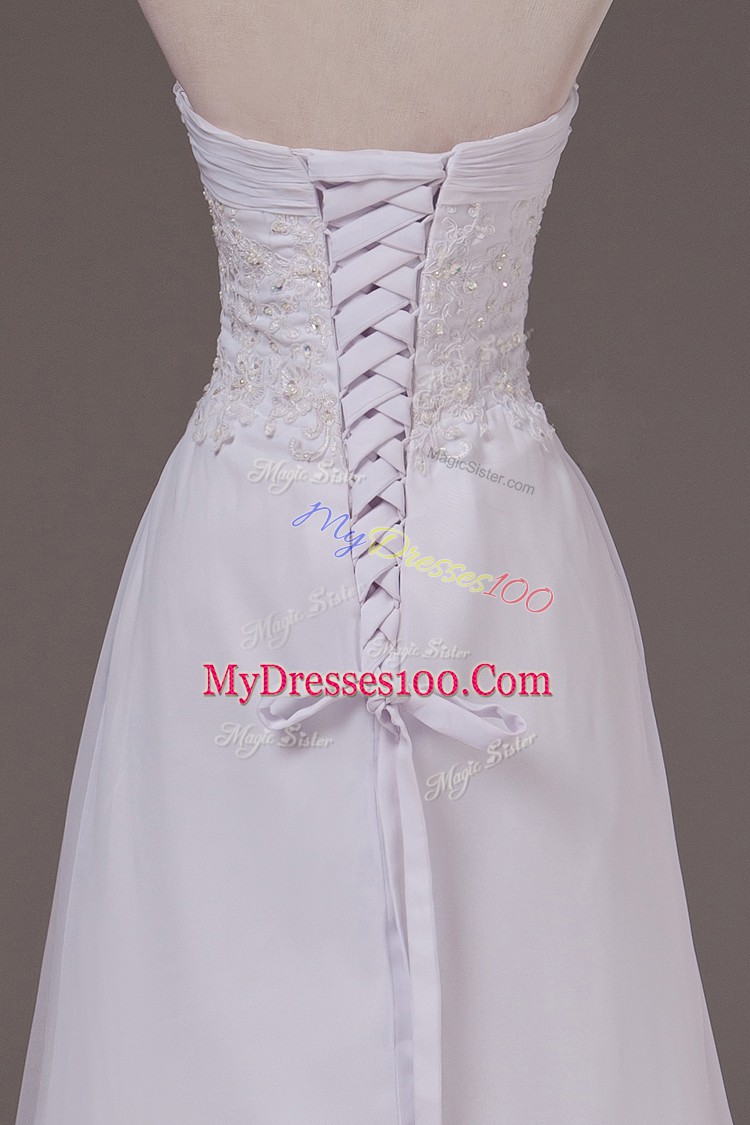 Fine White Sweetheart Lace Up Lace Wedding Dress Sweep Train Sleeveless