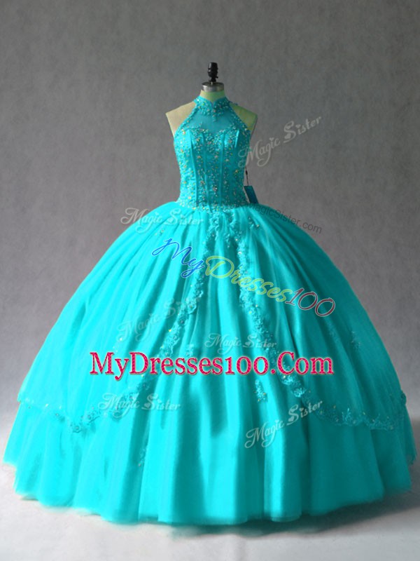 Sleeveless Tulle Floor Length Lace Up Vestidos de Quinceanera in Aqua Blue with Appliques