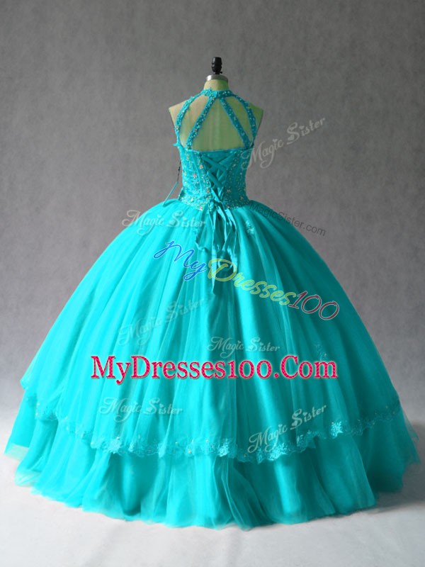 Sleeveless Tulle Floor Length Lace Up Vestidos de Quinceanera in Aqua Blue with Appliques