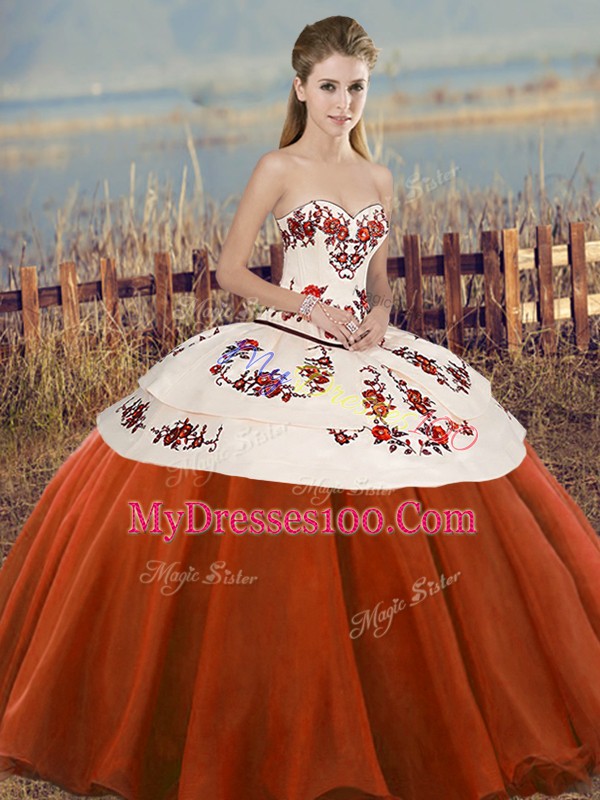 Rust Red Sleeveless Embroidery and Bowknot Floor Length Quinceanera Dresses