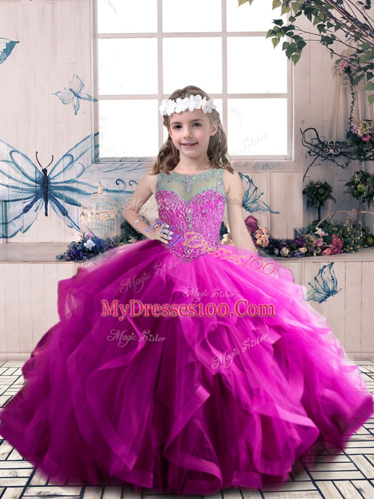 Custom Designed Sleeveless Floor Length Beading and Ruffles Lace Up Little Girls Pageant Dress Wholesale with Fuchsia