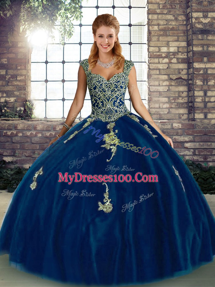 Great Royal Blue Ball Gowns Tulle Straps Sleeveless Beading and Appliques Floor Length Lace Up Quinceanera Dress