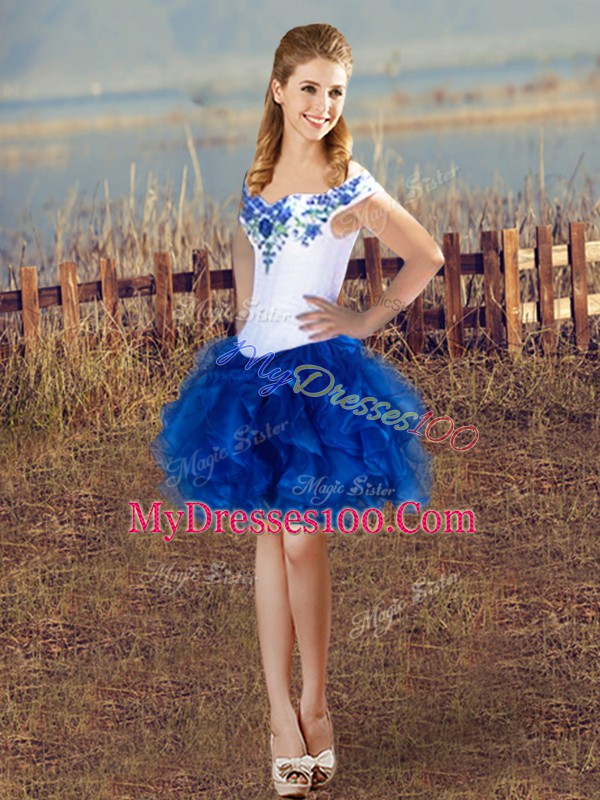 Embroidery and Ruffles Evening Dress Blue And White Lace Up Sleeveless Mini Length